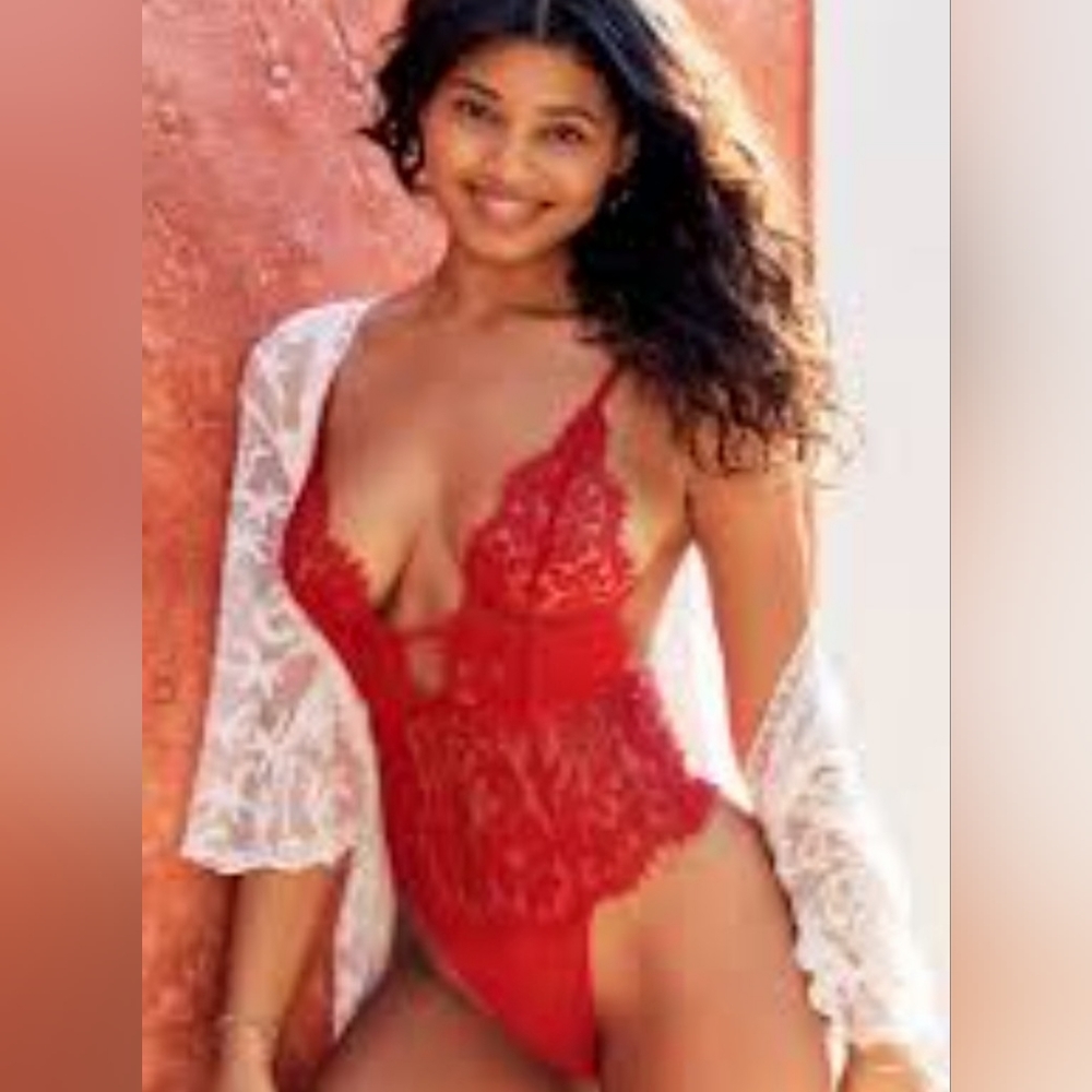 ADORE ME Red Lace Anouchka Bodysuit Lingerie one piece Sz Med NWT